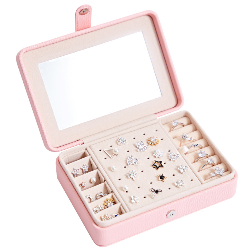 Multifunctional pink jewelry storage box with mirror by edenista, for earrings and rings.