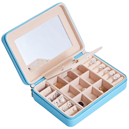 edenista blue multifunctional jewelry storage box with built-in mirror and beige lining for rings and earrings