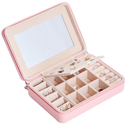 Multifunctional jewelry storage box Edenista in pink for earrings and rings with a mirrored lid and padded compartments