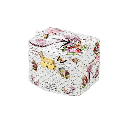 Princess small jewelry box for rings and earrings, white with pink flowers, butterflies, and a gold latch