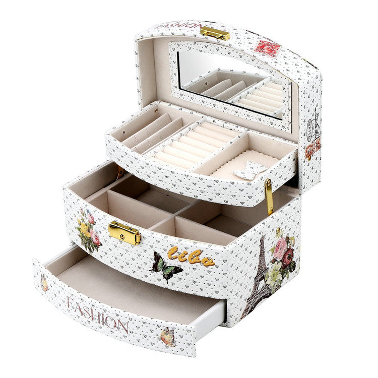 edenista princess small ring jewelry box with mirror, white floral butterfly design and multiple compartments