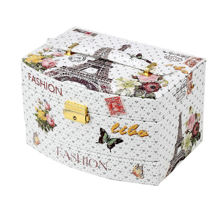 Princess small ring jewelry box by Edenista, white floral print with Eiffel Tower and butterflies, gold latch.