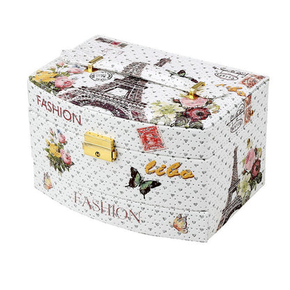 Princess small ring jewelry box by Edenista, white floral print with Eiffel Tower and butterflies, gold latch.