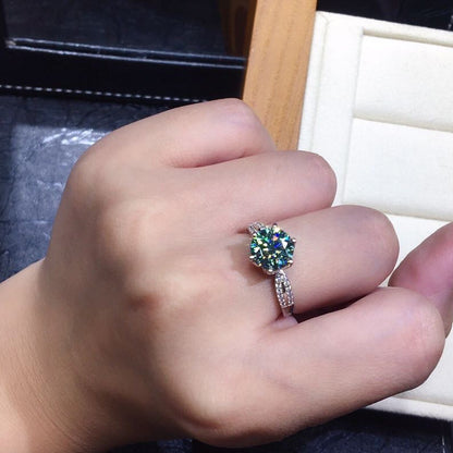 Black Angel adjustable ring in 925 silver with a blue-green moissanite stone for women