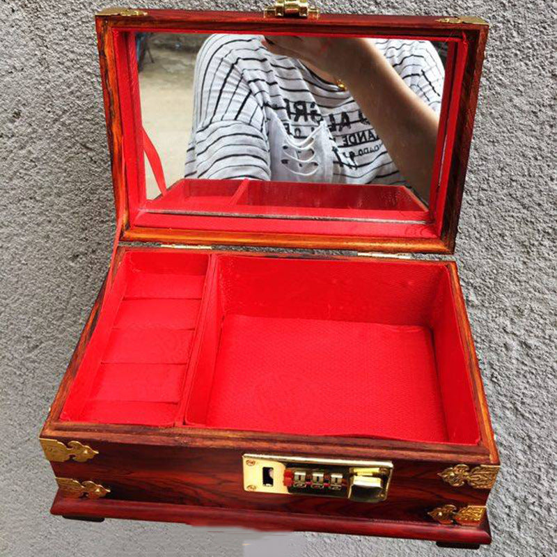 edenista portable password jewelry box in mahogany with red lining, mirrored lid and combination lock