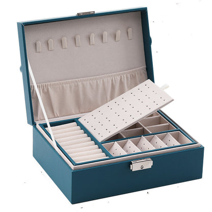Double-Layer Leather Jewelry Storage Box by Edenista, blue exterior with beige interior and multiple compartments
