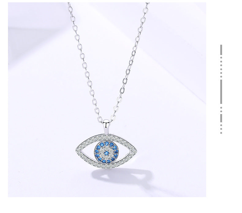 S925 sterling silver demon eye pendant necklace with blue center stones and pavé rim