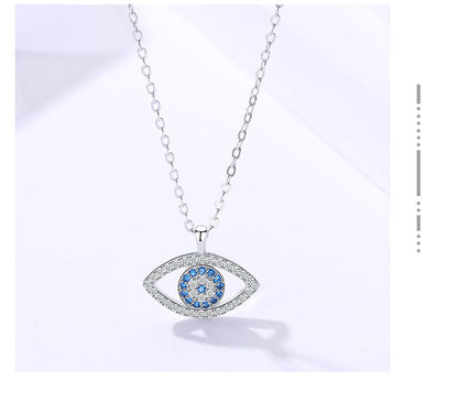 S925 sterling silver demon eye pendant necklace with blue center stones and pavé rim