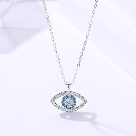 s925 sterling silver demon eye pendant necklace with blue center stones and pave outer ring