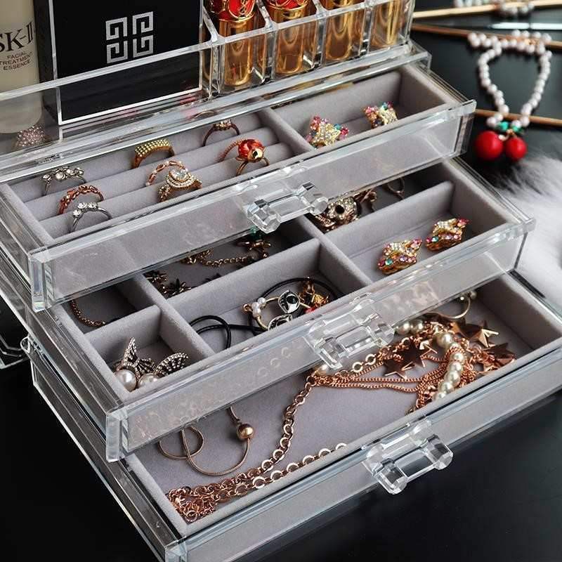 Acrylic jewelry storage box with multiple clear drawers; Edenista organizer for rings, bracelets and earrings.