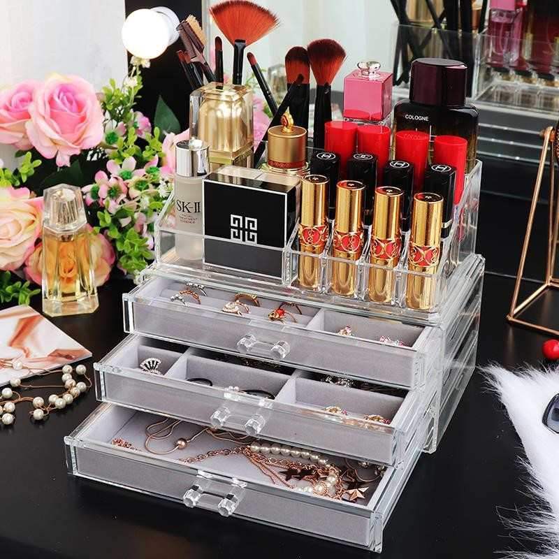 Edenista acrylic jewelry and accessory storage box with four clear drawers and top makeup organizer