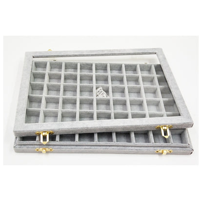 Flannel gray large jewelry display box with grid compartments and gold-tone clasps.