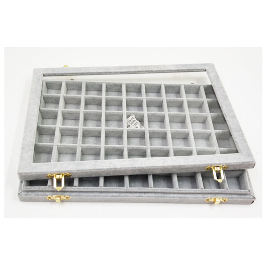 Flannel gray large jewelry display box with grid compartments and gold-tone clasps.