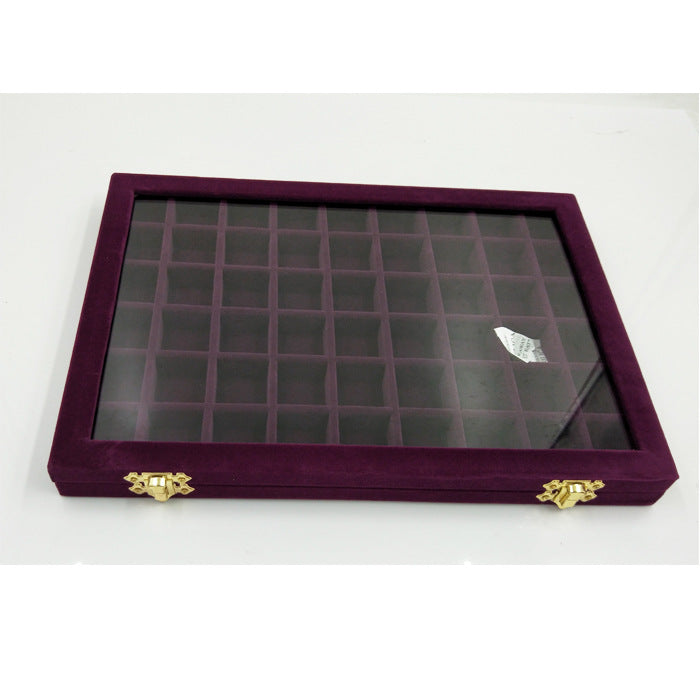 edenista Flannel large jewelry display box with glass lid, purple velvet exterior, grid compartments.