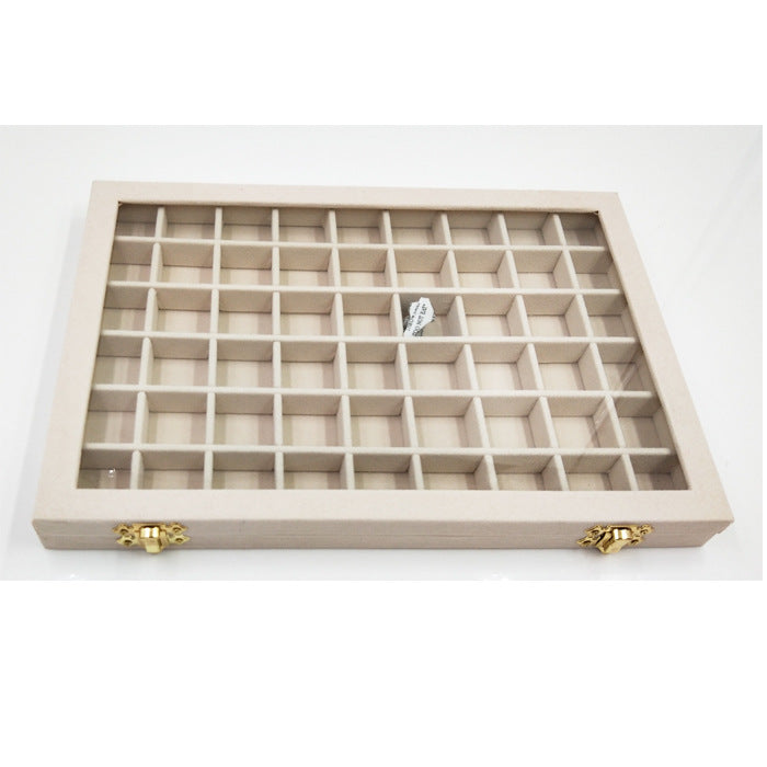 Flannel large jewelry display box with glass lid, beige wood tray with grid compartments