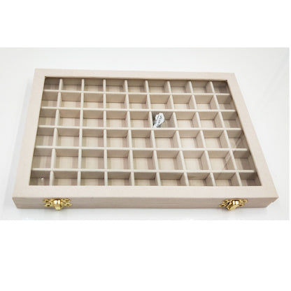 Flannel large jewelry display box with glass lid, beige wood tray with grid compartments