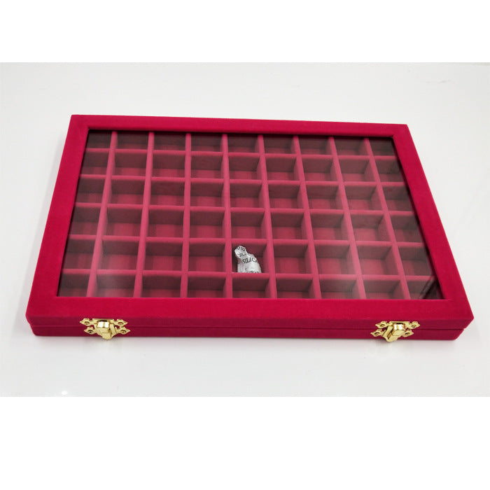 Large pink velvet jewelry and nail-art display box with glass lid and grid compartments