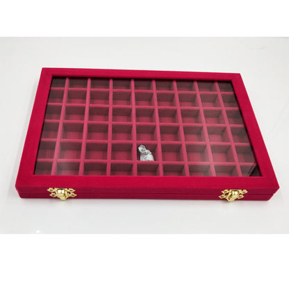 Large pink velvet jewelry and nail-art display box with glass lid and grid compartments