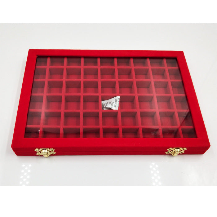 Large red flannel jewelry display box with glass lid and grid compartments; edenista.