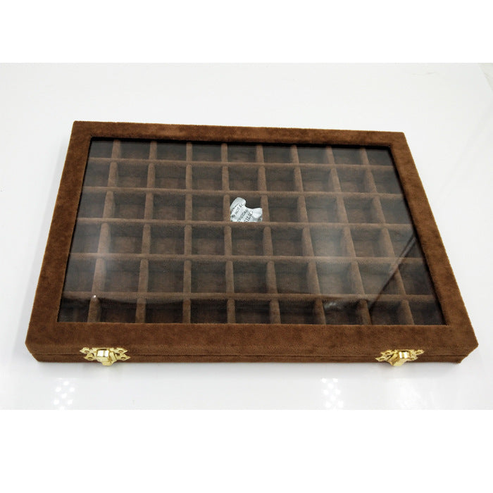Flannel large jewelry display box with glass lid, brown velvet interior and gold clasps by edenista