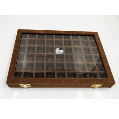 Flannel large jewelry display box with glass lid, brown velvet interior and gold clasps by edenista