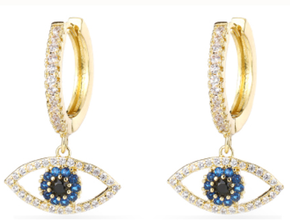 CJ gold-tone drop hoop earrings (pair) with jeweled eye pendants featuring clear crystals and blue accents