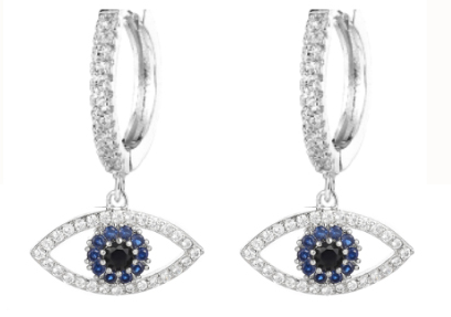 Pair of eye-shaped drop earrings in silver-tone metal with clear zircon stones and blue halo