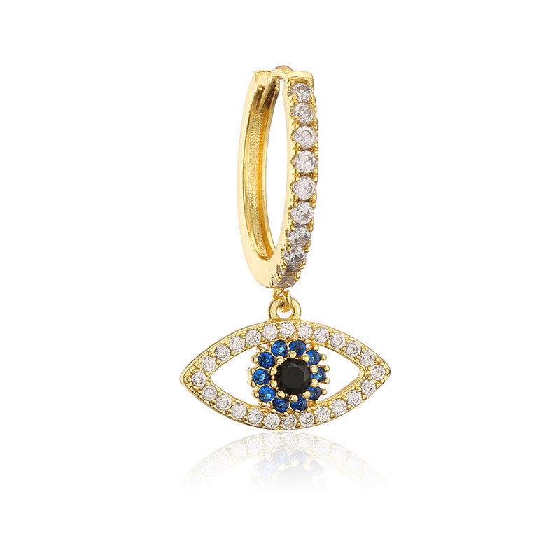 Gold-tone hoop earring by CJ with eye-shaped pendant encrusted with clear and blue zircon stones