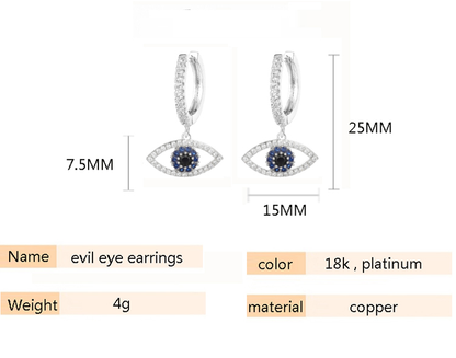 Pair of evil eye earrings with hoop clasps and dangling eye pendants, blue center stones surrounded by clear zircon