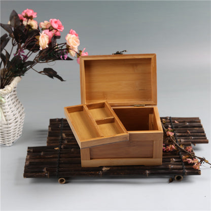 Bamboo wooden jewelry box with lid open and divided interior compartments