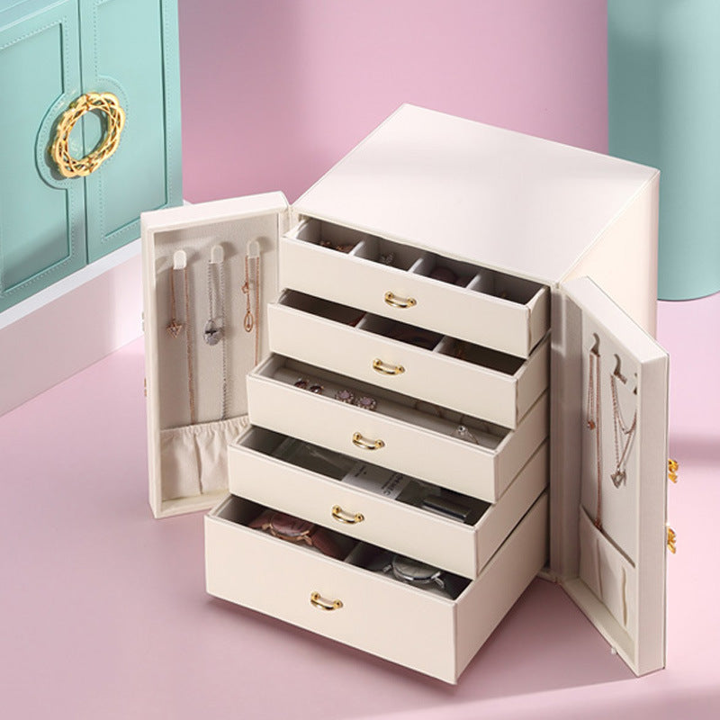 edenista cream leather jewelry box with six drawers and side necklace doors