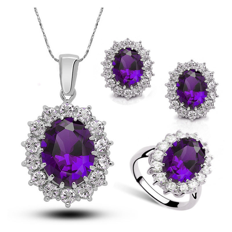 Crystal bridal jewelry set with purple stones; silver-tone necklace, earrings, and ring (4-piece)