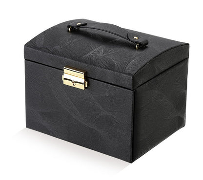 Double-layer Pu leather jewelry box in black with gold latch and top handle