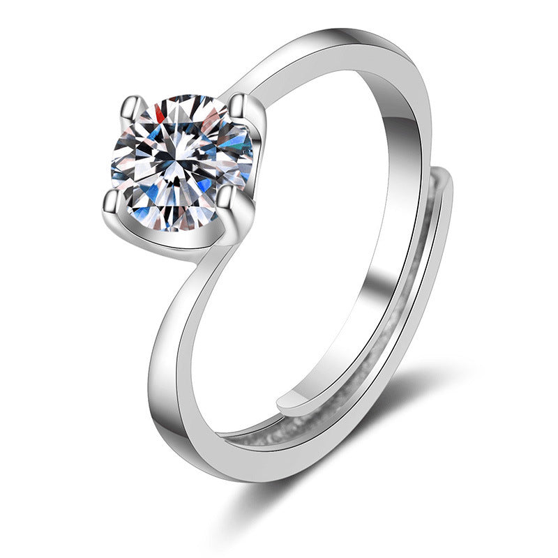 Female ring CJ silver-tone with round imitation moissan diamond in a classic prong setting
