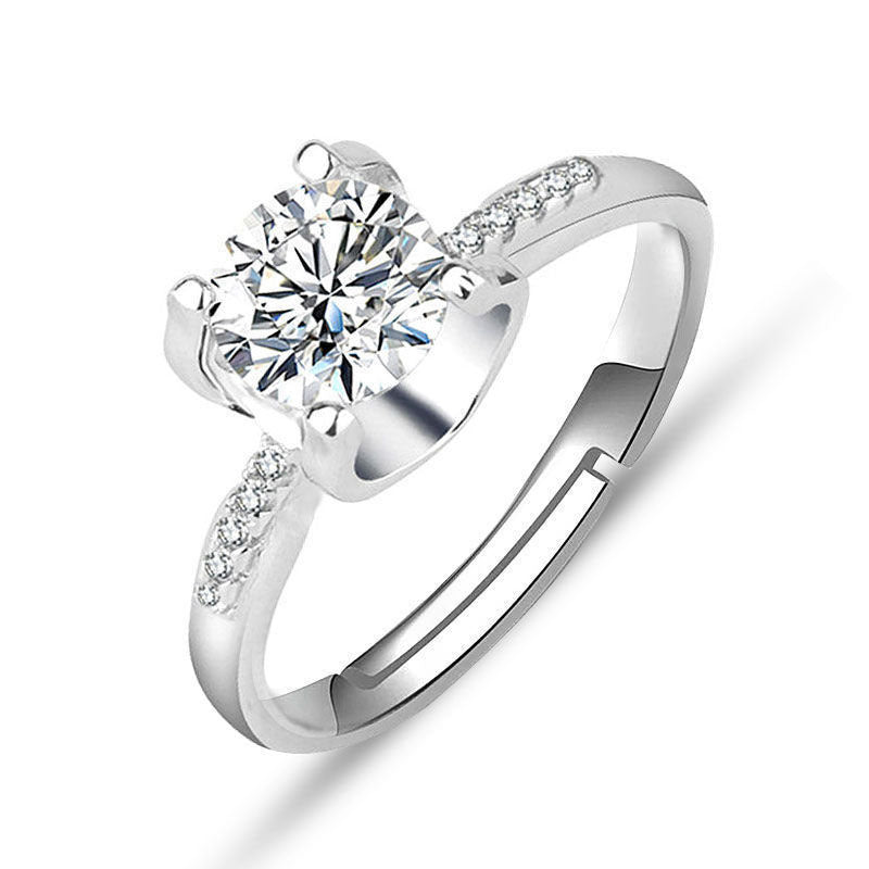 Female moissanite ring by CJ in silver with pave shoulders
