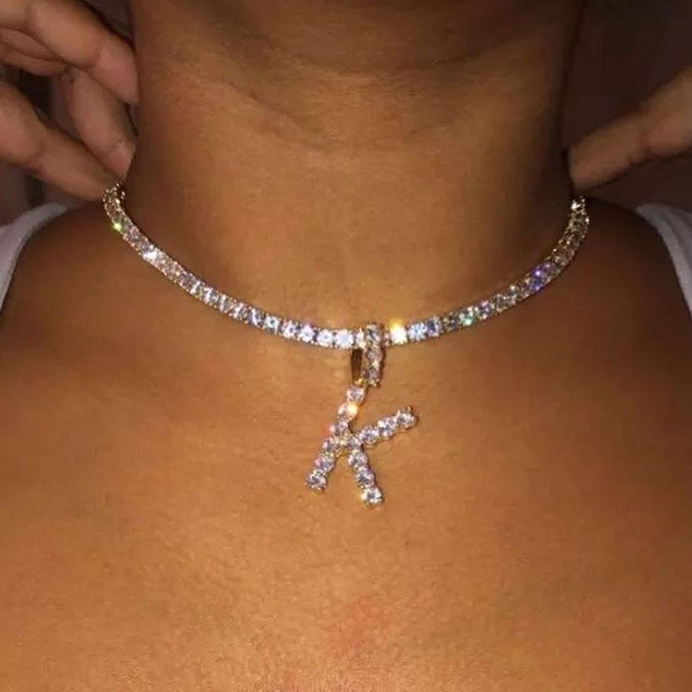 26 Letters Pendant Necklace Shiny Rhinestone Necklace Women by edenista