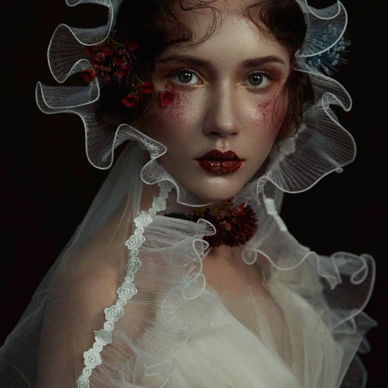 Vintage fairytale bridal lace veil, white sheer with ruffled edge and floral lace trim