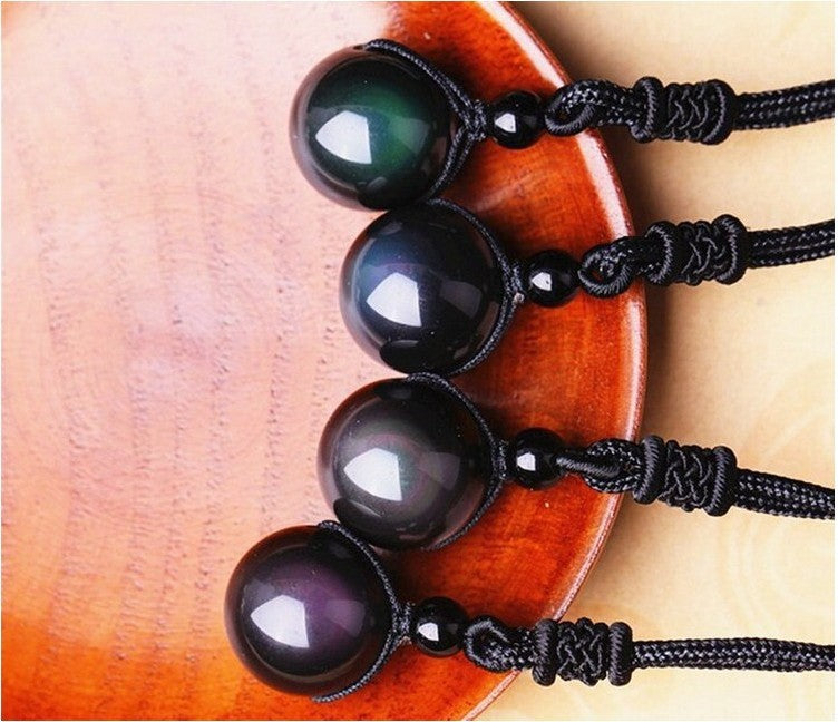 Natural obsidian rainbow eye transfer pearl bead necklace on black polyester rope chain; four round beads