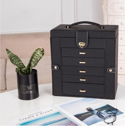 Multifunctional jewelry box by edenista, black with gold hardware, lock clasp, top handle, five drawers