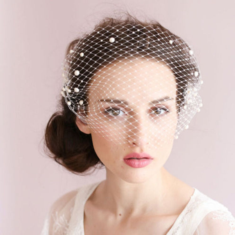 Bridal veil pearl mesh hair comb with white pearls, short wedding accessory