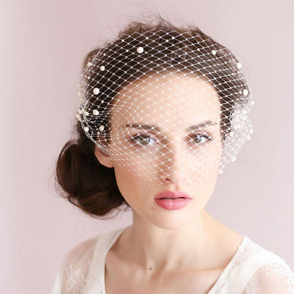Bridal veil pearl mesh hair comb with white pearls, short wedding accessory