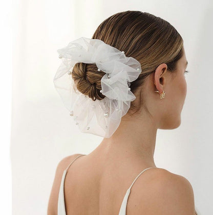 Bridal Veil Fashion Pearl White Mesh with gathered tulle and pearl accents worn in a low bun