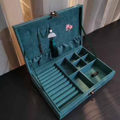 Jewelry box by edenista in teal velvet with antique floral lid, tassels, and divided compartments
