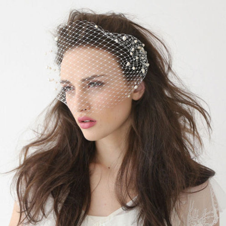 Bridal veil with white pearl mesh birdcage on hair comb with pearl accents