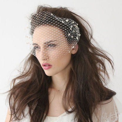 Bridal veil with white pearl mesh birdcage on hair comb with pearl accents