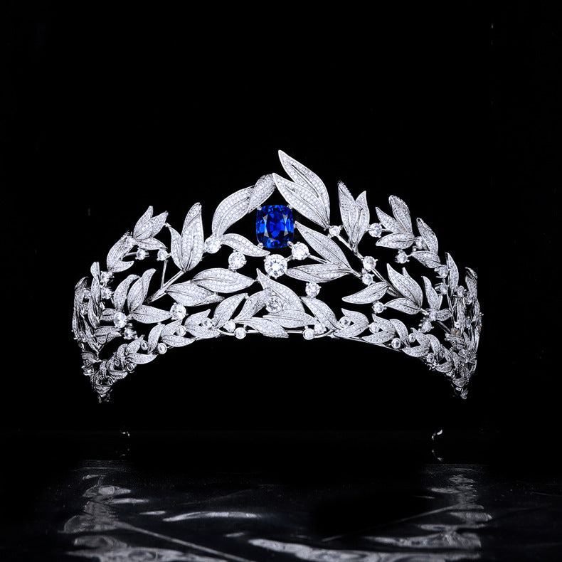 CJ Sapphire Crown Tiara, silver-tone with blue sapphire centerpiece and pave zircon stones
