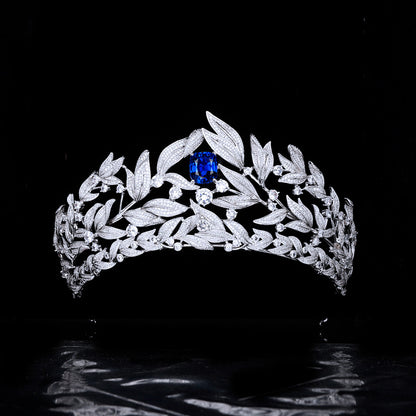 CJ Sapphire Crown Tiara, silver-tone with blue sapphire centerpiece and pave zircon stones