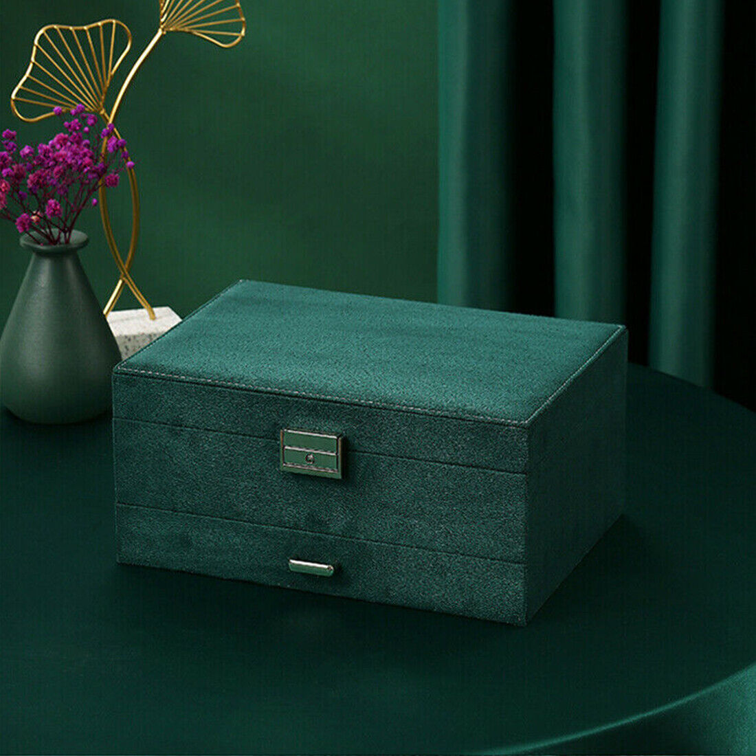 edenista 3-layer large green jewelry box with textured fabric finish and metal clasp