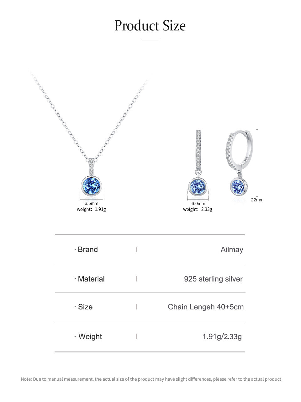 Women's sea blue artificial diamond necklace and earrings 2-piece set in 925 sterling silver, by cj