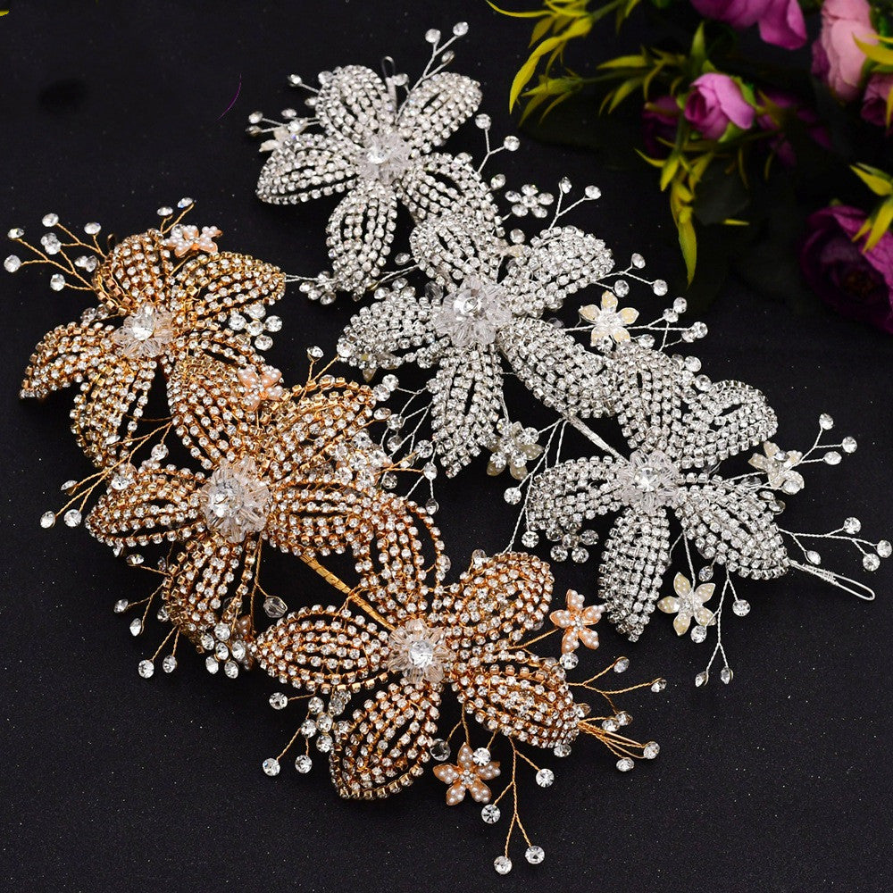Flower rhinestone hair band with silver and gold-tone floral motifs for bridal wedding